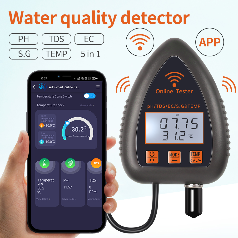 Planted Aquarium Test Kit - Tuya WiFi 5-in-1 TDS/EC/SALT/S.G./TEMP PH-Messgerät Bluetooth